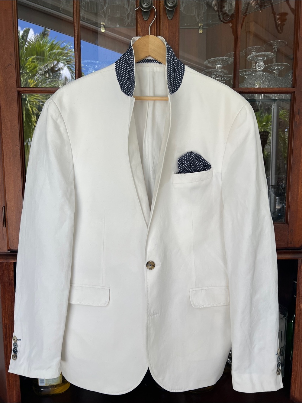 SAND, White Cotton & Linen Blazer with Navy Polka Dot Trim - Picture 2 of 14